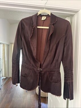 Women's Brown Leather Blazer Jacket with Tie Waist
